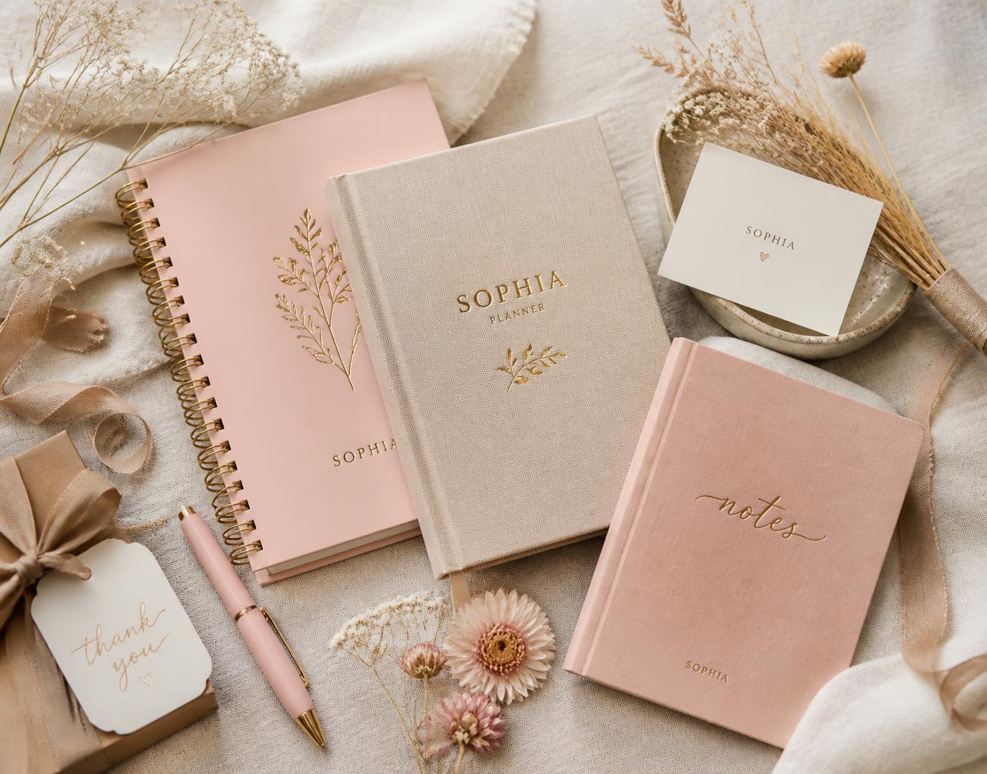 Agendas e blocos personalizados feitos à mão sobre linho bege